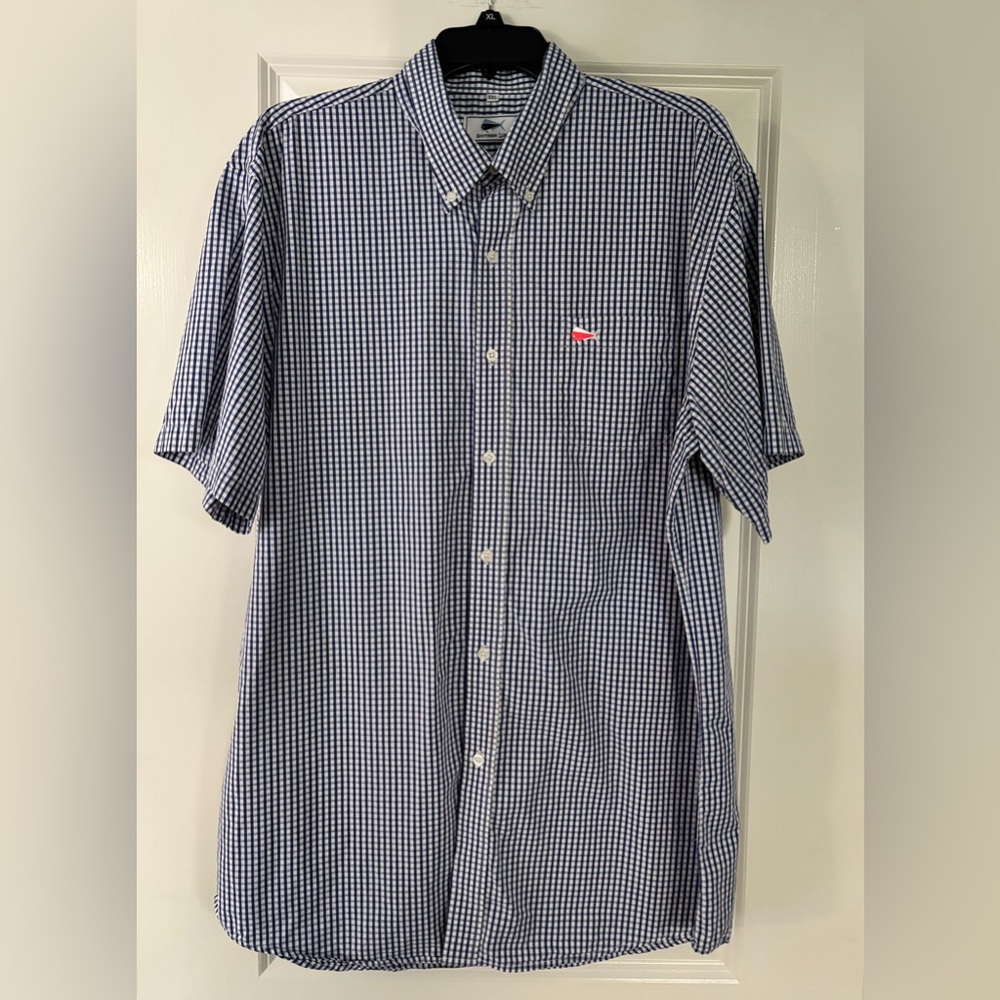 Southern Tide Mens XXL Blue White Gingham Button Up Short Sleeve Cotton Shirt